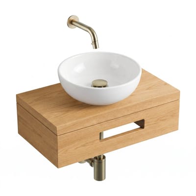 Saniclass Terra Fonteinplank - 40x25x10cm - met handdoekhouder - waskom (glans) - fonteinkraan (messing) - afvoerplug - sifon - sandwood (licht eiken)