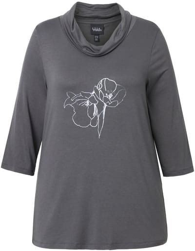 Ulla Popken - Dames - Shirt metallic print watervalhals 3/4-mouwen - Asfalt - Maat 42+