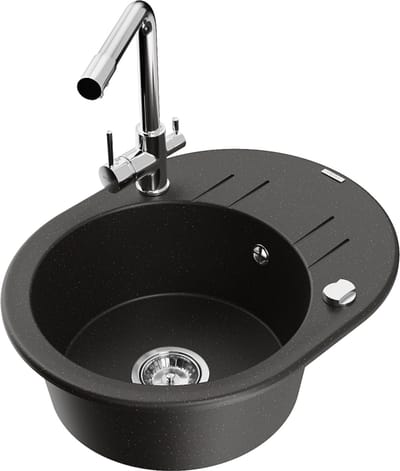 Mexen Kevin granieten gootsteen, 1-koerig met afdruiprek en Duero keukenkraan, zwart/goud metallic - 6517-75-671600-00