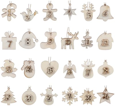 Cosensi- Houten Hangers 24 Stuks - Adventskalender - Kersthangers - Cijfers 1-24 - Houten Decoratie - Schattige Motieven