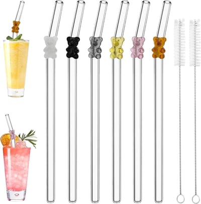 Set van 6 Herbruikbare Glazen Rietjes met Bocht en Schoonmaakborstels voor Sappen, Cocktails en Smoothies