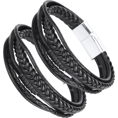 2 Stuks Gevlochten PU Leer Armband Magnetische Knop DIY Handgemaakt Vintage Polsband Manchet Sieraden(Witte Legering Knop Zwart black