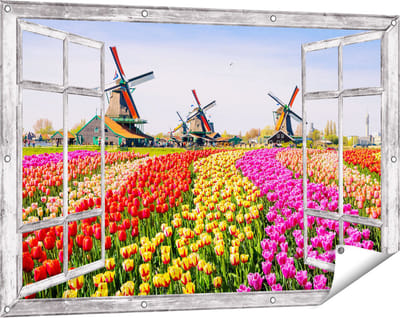 Gards Tuinposter Doorkijk Kleurrijke Tulpen Bloemenveld - Windmolen - 120x80 cm - Tuindoek - Tuindecoratie - Wanddecoratie buiten - Tuinschilderij