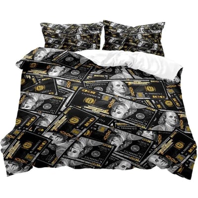 Luxe Geld Dekbedovertrek, Zwarte Beddengoedset, Dollarbiljet Dekbedovertrek, Slaapkamerdecoratie voor Mannen, 2 Kussenslopen 3 Stuks AU Queen 210x210cm