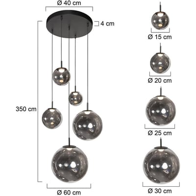 Zwarte Hanglamp Bollique 4196ZW - Stijlvolle Vide Lamp 60 cm van Glas en Metaal, Hoogteinstelbaar, Steinhauer