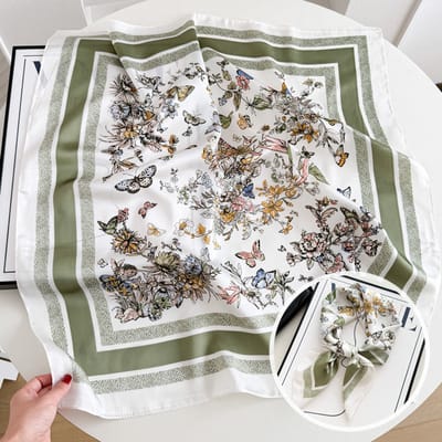Dames Sjaal - Sjaals - Stola - Vierkante doek - Elegant Stijlvol Dames haar sjaal - Satijn zijde - Hals sjaaltje - Sjaaltje Satijn - Neksjaaltje - Omslagdoek Modesjaals - Neksjaal - Klein Sjaaltje -Bloemen vlinder dans - witte groene kant-70*70CM