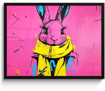 Poster in lijst - Fotolijst 70x50 cm - Posters - Konijn - Felroze - Sjaal - Abstract - Posterlijst zwart - Decoratie - Wanddecoratie woonkamer - Muurdecoratie slaapkamer