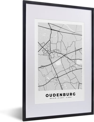 Fotolijst incl. Poster Zwart Wit- Stadskaart – Zwart Wit - Kaart – Oudenburg – België – Plattegrond - 40x60 cm - Posterlijst