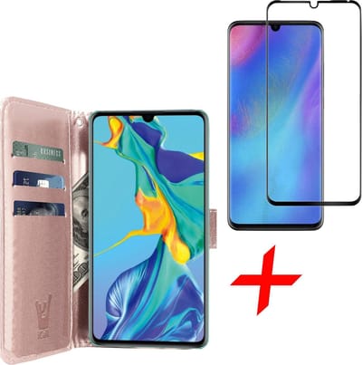 Hoesje geschikt voor Huawei P30 + Screenprotector Tempered Glass Full Screen - Kunstlederen TPU Book Case Portemonnee Flip Wallet - Roségoud