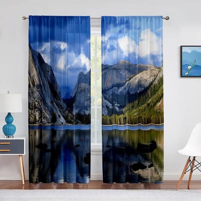 Natuurlandschap Tule Gordijnen Waterval Meer Bergen Zonsopgang Transparant Voile Gordijn voor Woonkamer Keuken Slaapkamer Decoratie 1 PCS W100XH250cm&Grommet Top