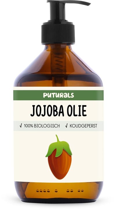 Puturals Jojoba Olie 100% Biologisch - 500ml - Puur en Koudgeperst - Jojoba Olie als Haarolie, Huidolie en Gezichtsolie - Rijk aan Omega 9 Vetzuren en Vitamine E - Golden Jojoba Olie - Bruine Glazen Fles + Pomp