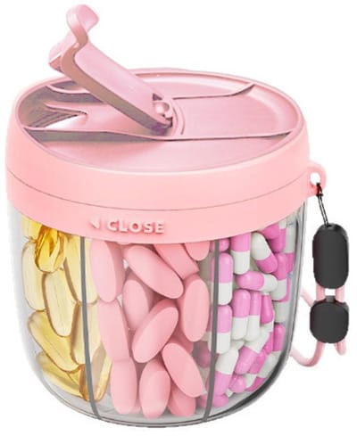 Pillendoosje - Leuk pillendoosje - Reispillendoosje - Pillendoosje dat door elkaar gehaald wordt - Pillendoosje - Ontwerp met 7 vakjes - Brede opening - 8,9*8,9*9,68 cm - Geschikt voor uitstapjes, reizen, zakenreizen, enz. - Roze,transparant