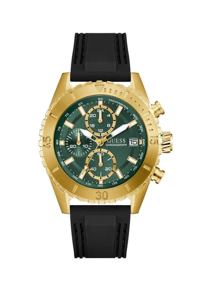 Guess Defender Quartz Chronograaf Horloge Zwart Kast: 100% Gerecycled Staal | Armband: 100% Siliconen 45 mm GW0967G2, GW0967G4