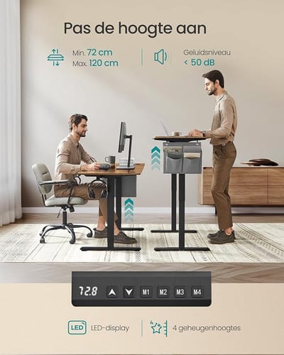 Elektrisch bureau, in hoogte verstelbaar, 120 x 60 cm, traploze instelling, 4 geheugenhoogtes, USB-C-aansluiting, vintage bruin LSD132K01