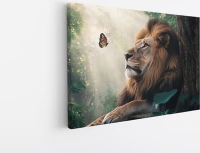 Saammp Canvas Schilderij - Leeuw met Vlinder - Landschap - Natuur - 45x30 - Foto op canvas - Wanddecoratie - Muurdecoratie Woonkamer - Slaapkamer decoratie - Canvas Print