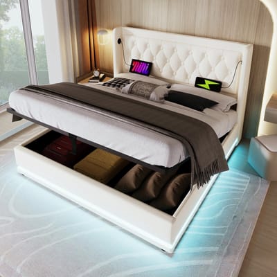 Sweiko Zacht Kussenbed Eenpersoonsbed 140x200 cm, Wit PU Materiaal Hydraulisch Opbergbed, Zacht kussenhoofd met USB Type-C oplaadfunctie, 3-zijdige LED Functie (Geen matras)