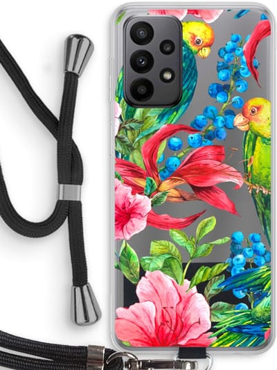 Case Company® - Hoesje met koord geschikt voor Samsung Galaxy A23 hoesje met Koord - Papegaaien - Telefoonhoesje met Zwart Koord - Bescherming aan alle Kanten en Over de Schermrand