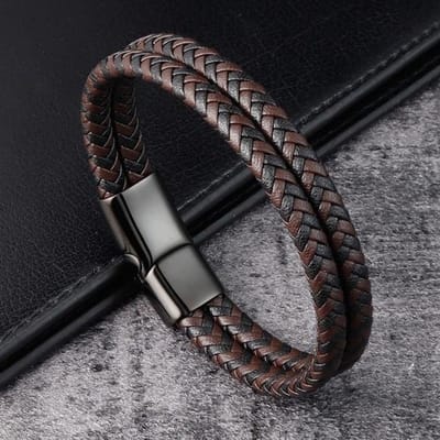 Trendy Heren Sieraden Rood Gevlochten Leren Touw Armband Zwarte Magnetische Sluiting Armbanden Punk Heren Polsband Pulsera Hombre 19cm black
