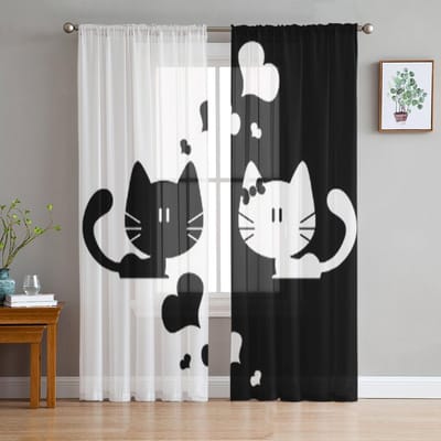 Schattig Koppel Kittens Romantische Tule Gordijnen Voor Woonkamer Keuken Raam Gordijnen Huisdecoratie Transparant Gordijn Voor Kinder Slaapkamer 135W x 114H(cm) white