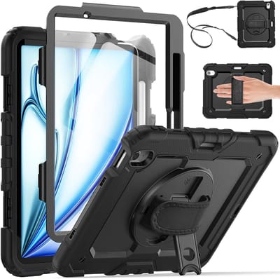 Hoes met ingebouwde Screenprotector Geschikt voor iPad Air 11 Inch Case 7th Generation M3 2025 hoes en iPad Air 7th/6th/5th/4th Gen (11/10.9 Inch, 2025/2024) Extreme Armor met Schouderiem, Handriem en Pencilhouder hoes - voor Horeca en Bouw - Zwart
