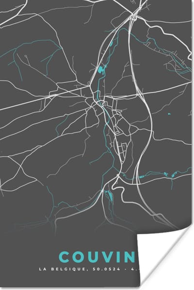 Poster Stadskaart – Grijs - Kaart – Couvin – België – Plattegrond - 120x180 cm XXL