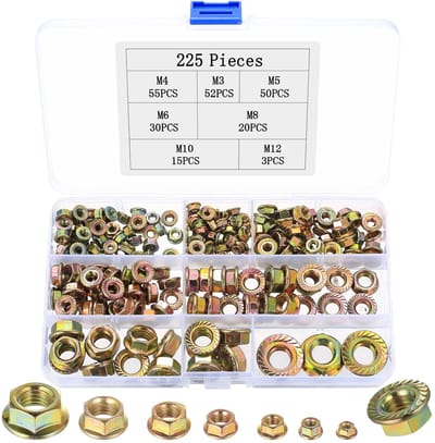 Dailygoods - 225 stuks flensmoeren, zelfborgende moeren, zeskantflensmoeren met borgmoeren, zeskantmoeren met flens en vergrendelvertanding, borgmoeren, M3, M4, M5, M6, M8, M10, M12 moeren