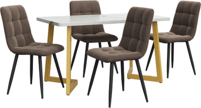 Eetset Eettafel met 4 stoelen Bruin Fluwelen Eetkamerstoel Keukentafelset Gouden Tafelpoten