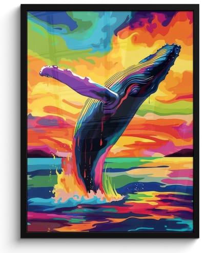Poster in lijst - Fotolijst 60x80 cm - Posters - Zonsondergang - Walvis - Geschilderd - Kleurrijk - Posterlijst zwart - Decoratie - Wanddecoratie woonkamer - Muurdecoratie slaapkamer