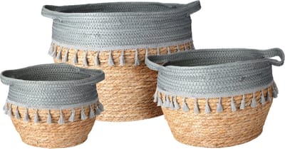 H&S Collection-Set van 3 manden-naturel en groengrijs-kwastjes-Ibiza