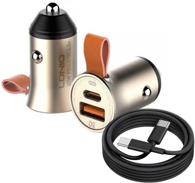 Auto Oplader - USB C naar USB C Kabel (1M) zwart & Auto Stekker - USB A & C Snel Lader 30W - PD20W/QC3.0 Autolader
