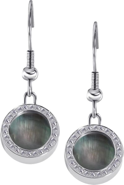 Quiges RVS Schroefsysteem Oorhangers Oorbellen Zilverkleurig met Zirkonia en Verwisselbare Parelmoer Grijs Schelp Mini Munt Set - ECOS062