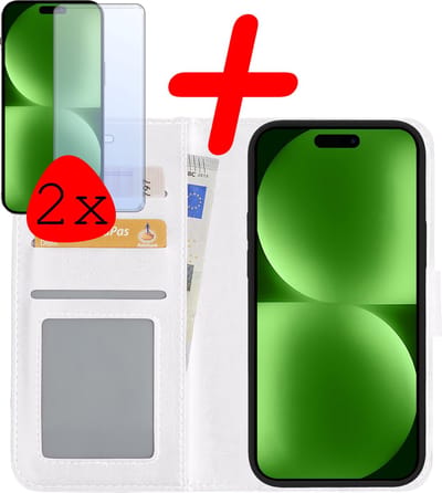 Hoesje Met 2x Screenprotector - Geschikt voor Apple iPhone 15 - Luxe Pasjeshouder - Bookcase Portemonee - Flip Case - Kunstleer Book Case - Flipcase Hoes - Book Cover - Walletcase - Portemonneehoes - Wit
