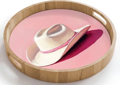 Dienblad rond 40x40 cm - Schootdienblad hout - Zomers - Hoed - Roze - Borrelplank rechthoek - Plateau houten dienbladen