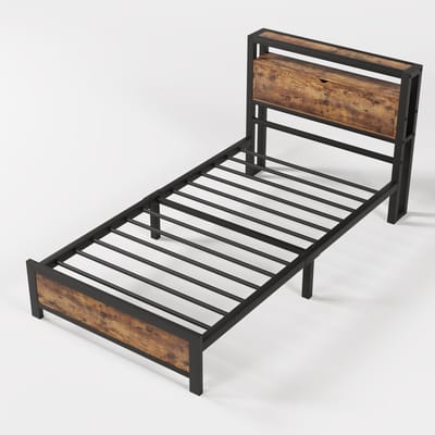 Metalen bed, tienerbed, eenpersoonsbed (90 x 200 cm), bedframe met opbergruimte in het hoofdeinde en metalen lattenbodem, kinderbed, metalen bedframe, bedframe voor volwassenen, kinderbedframe, tienerbedframe, zwart bed in industriële stijl