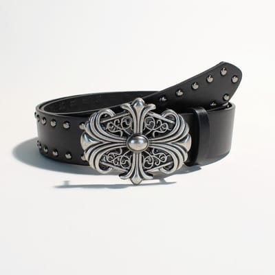 Punk zwarte leren riem met studs, vintage gegraveerde metalen gesp met kruis, donkere gotische decoratieve riem 105CM zwart