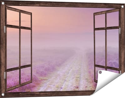 Gards Tuinposter Doorkijk Pad in de Weide tijdens de Mist - 90x60 cm - Tuindoek - Tuindecoratie - Wanddecoratie buiten - Tuinschilderij