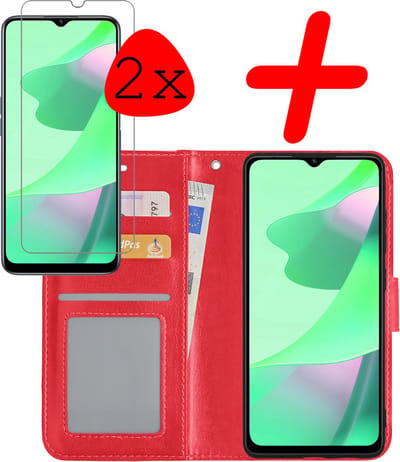Hoesje Met 2x Screenprotector - Geschikt voor OPPO A16s - Luxe Pasjeshouder - Bookcase Portemonee - Flip Case - Kunstleer Book Case - Flipcase Hoes - Book Cover - Walletcase - Portemonneehoes - Rood