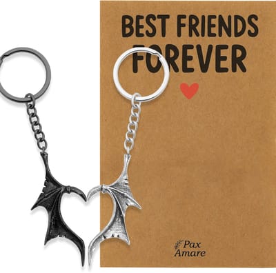 BFF Sleutelhanger voor 2 'Best Friends Forever' - Vleugels Hart - Sleutelhangers op Cadeau Kaartje - Zilverkleurig & Zwart - Vriendschap Symbool - Pax Amare