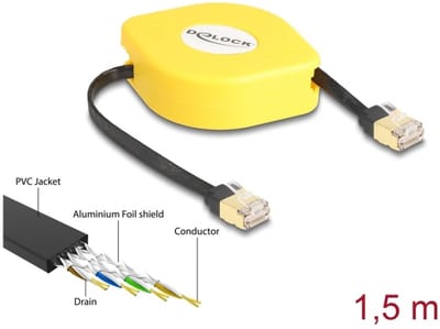 Delock RJ45 Retractable Cable Cat.6A STP 1.5 m black / yellow