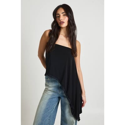 boohoo Dames Dubbele Laag Slinky Bandeau Asymmetrische Longline Top | Zwart | Maat: 38