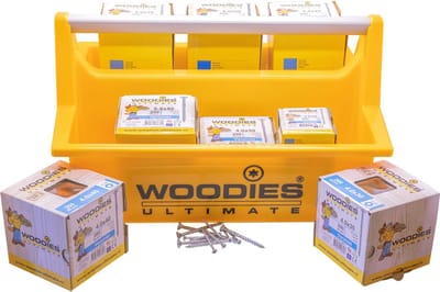 WOODIES ULTIMATE DRAAGKIST GEEL GEVULD MET 2100 STUKS SCHROEVEN + MAGNEETHOUDER