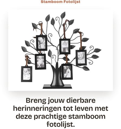 Dailygoods- Stamboom Fotolijst - 6 Opknoping Fotoframes - Verstelbare Lint Kwasten - Foto Display Boom - 6,4 x 4,6 cm - Hoogwaardig Metaal - Familiefotolijst