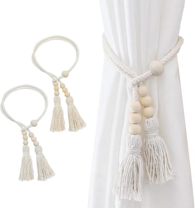 Boho Gordijn Klemmen 2 Stuks, Verstelbare Lengte met Houten Kralen en Handgeweven Touw voor Raamdecoratie en Gordijnaccessoires in Beige