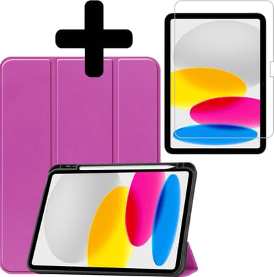Hoes - Geschikt voor Apple iPad A16/A18 (2022/2025/2026) - 10.9 & 11 inch (10e, 11e & 12e generatie) - Met Screenprotector - Trifold Bookcase - Hard Cover Case - Met Uitsparing Geschikt voor Apple Pencil - Hardcover Book - Tablet Hoesje - Paars