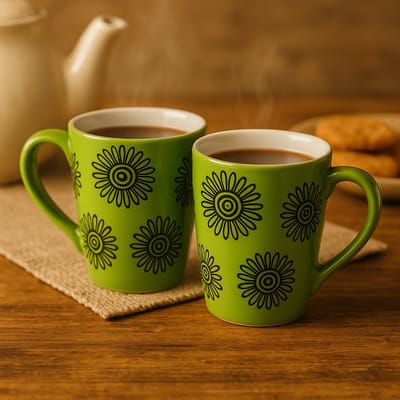 Mokken - Koffiekop - Theemok - Thee mokken - mokken set van 2 - Keramiek - Handgeschilderd - Groen met bloemen