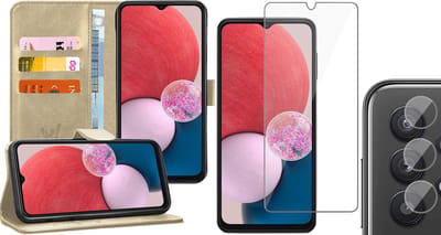 Hoesje geschikt voor Samsung Galaxy A13 4G - Book Case Kunstleer Wallet Cover Portemonnee Pasjeshouder Hoes Goud - Tempered Glass Screenprotector - Camera Lens Protector