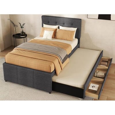 ModernLuxe Gestoffeerd bed 90x200cm met onderschuifbed 90x190cm - in linnenstof - met 3 lades en lattenbodem - Grijs