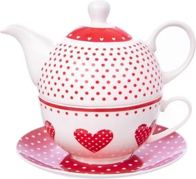 Theepot met Kop Porselein Harten TECKA 3 delig - Theekan - Kopje - Theepot - Thee voor Één Set