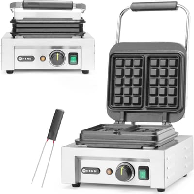 HENDI Wafelmaker – Brusselse wafels – Geëmailleerd gietijzer – Thermostaat – Geïsoleerde handgreep – Inclusief wafelvork
