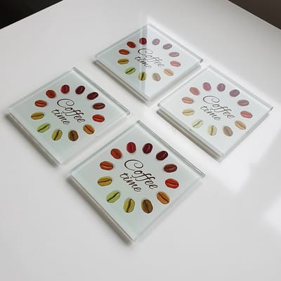 Coffee Time Patroon Glazen Glasonderzetter 10cm x 10cm (Setje Van 4 Onderzettend)